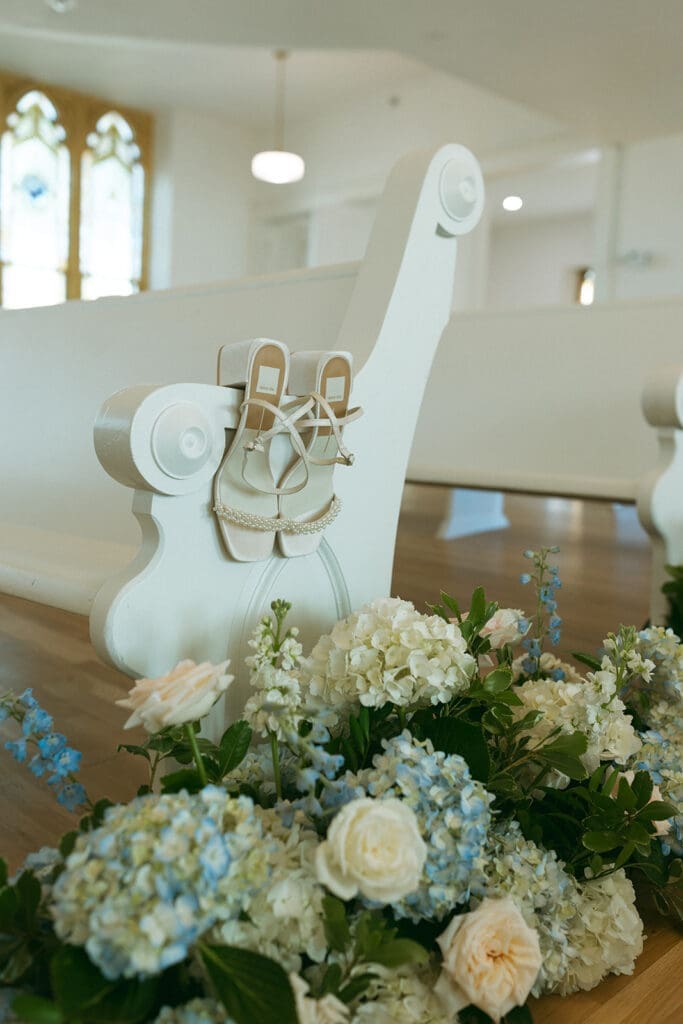 shoes hanging on a pew in melrose abbey kansas city