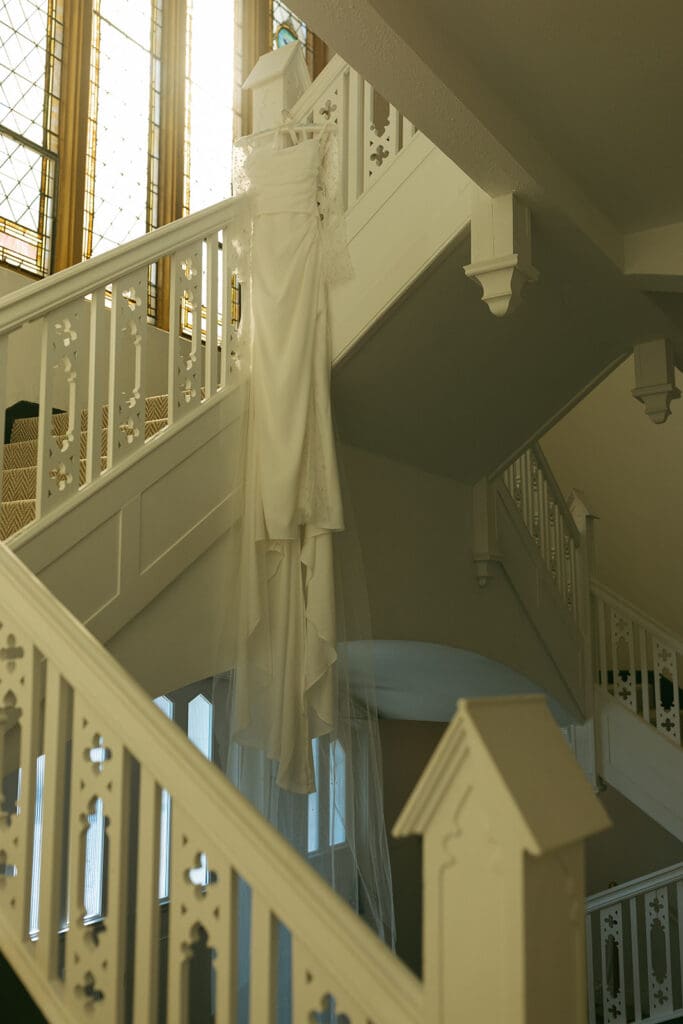 hanging wedding dress in Melrose Abbey Kansas City