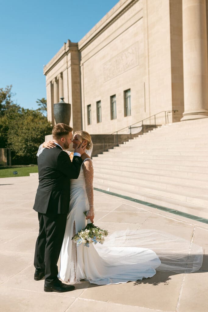 bride and groom candid moment at nelson atkins in kansas city