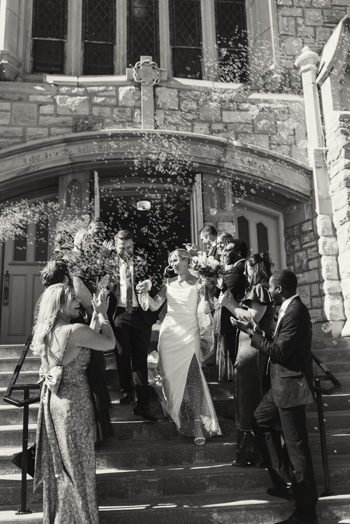 wedding party photos outside of melrose abbey in kansas city