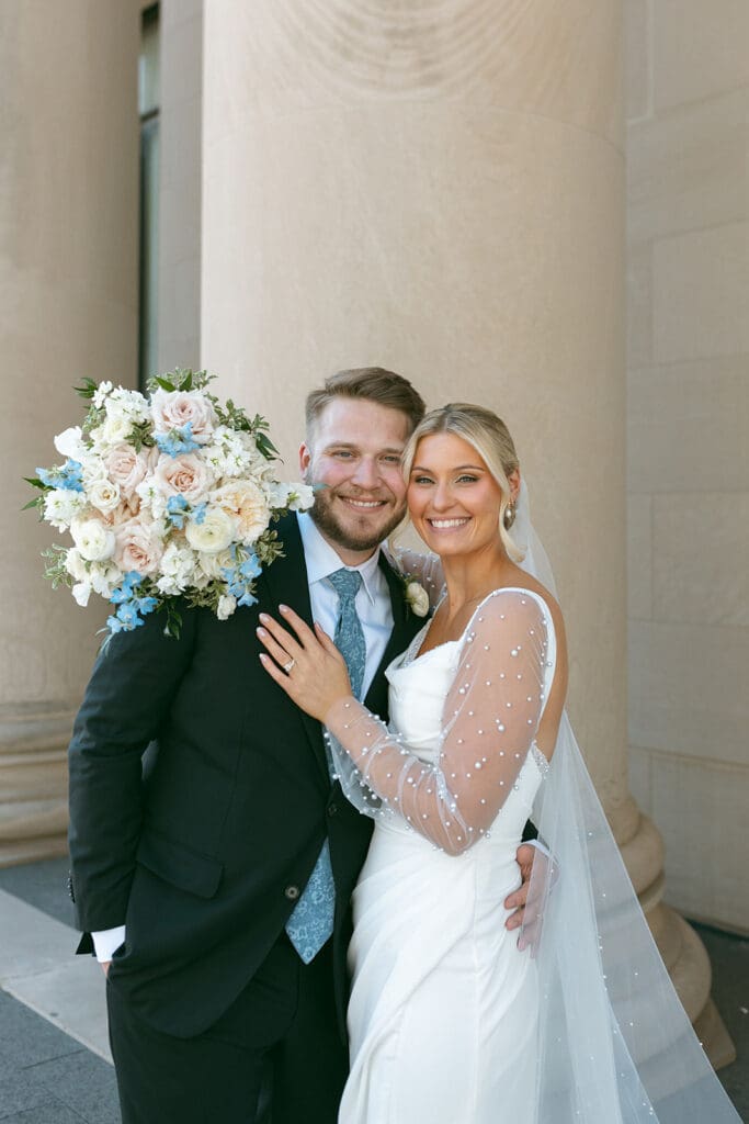 bride and groom candid moment at nelson atkins in kansas city
