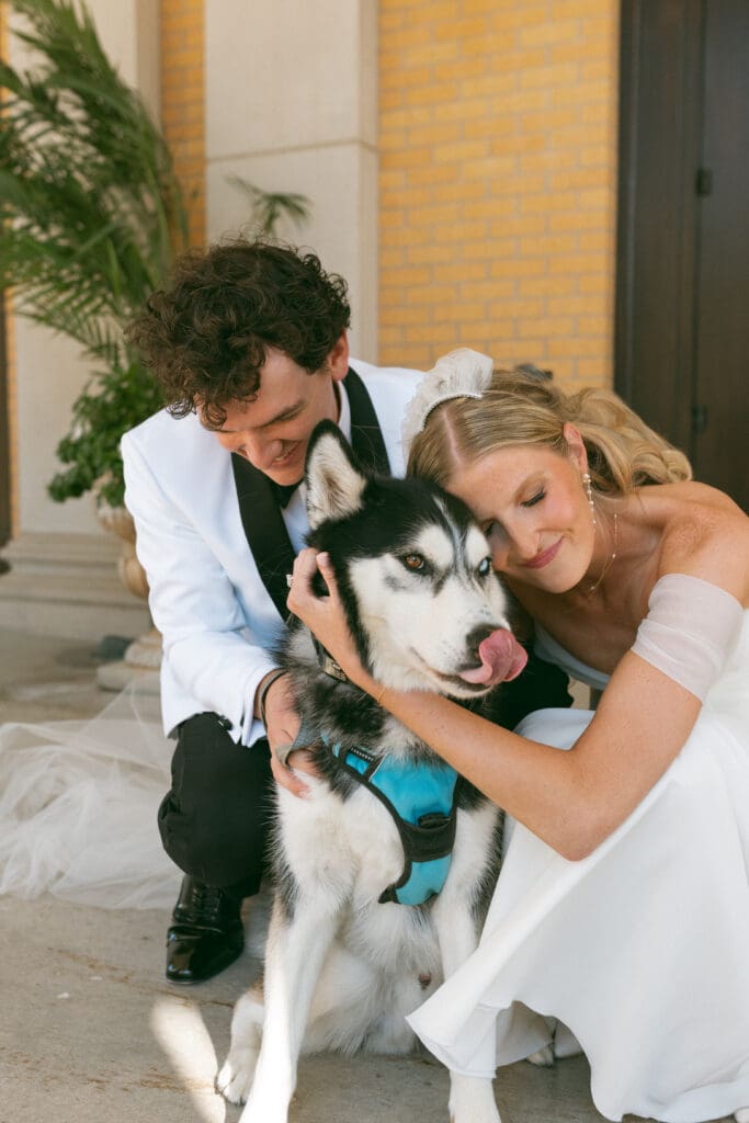 bride and groom hugging dog at elegant kansas city wedding