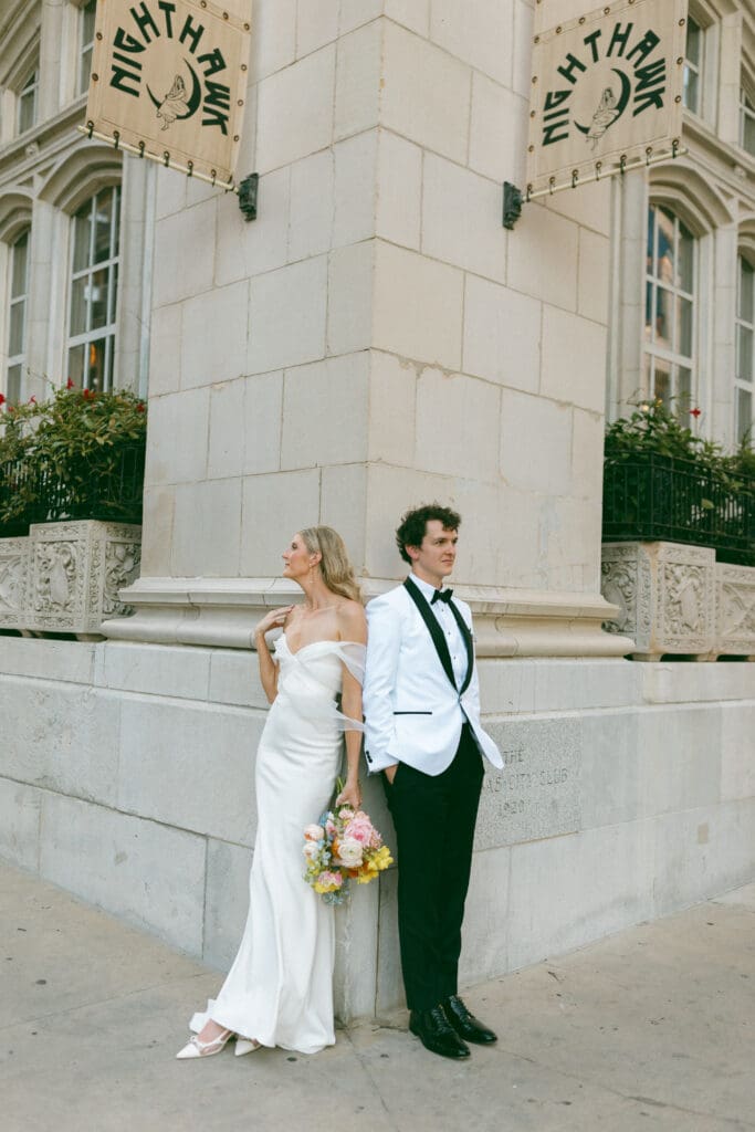 editorial shot of bride and groom in downtown kansas city